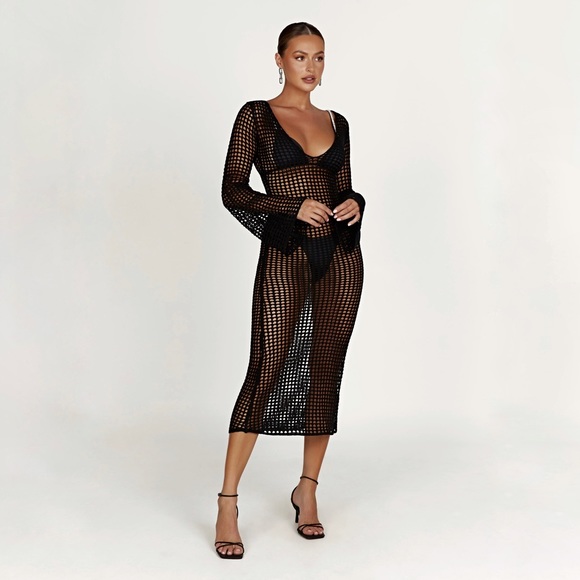 Meshki Other - MESHKI - Murphy Long Sleeve Crochet Dress Swim Cover-up - Black / XS